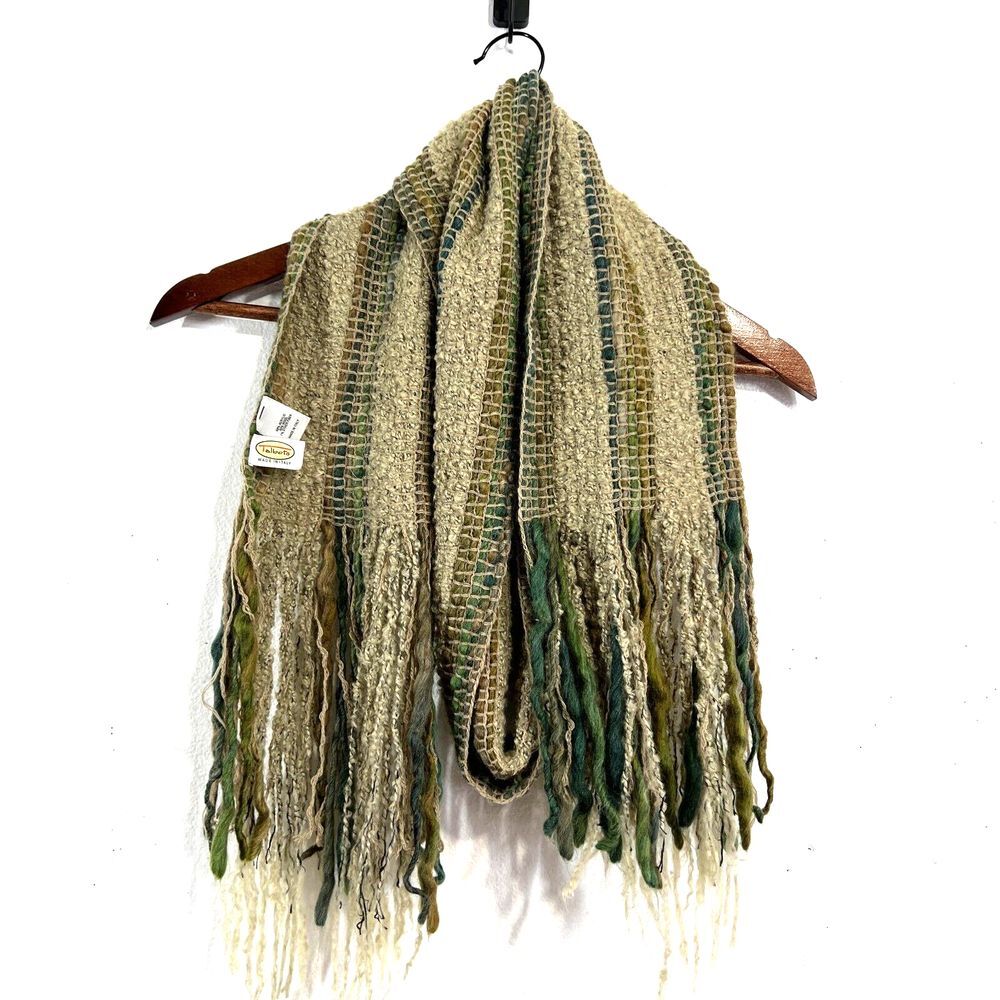 TALBOTS Long Wool Blend Textured Chunky Scarf Green Taupe Fringed Made In Italy